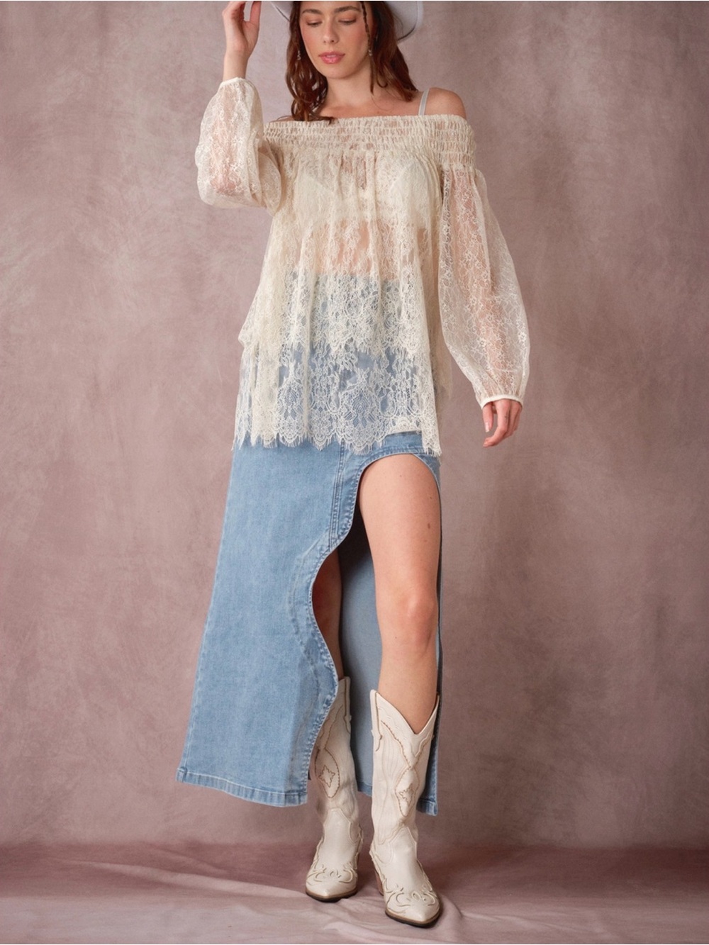 Cowgirl Light Wash Denim Maxi Skirt with Sculpted Side Slit - Picture 7 of 11